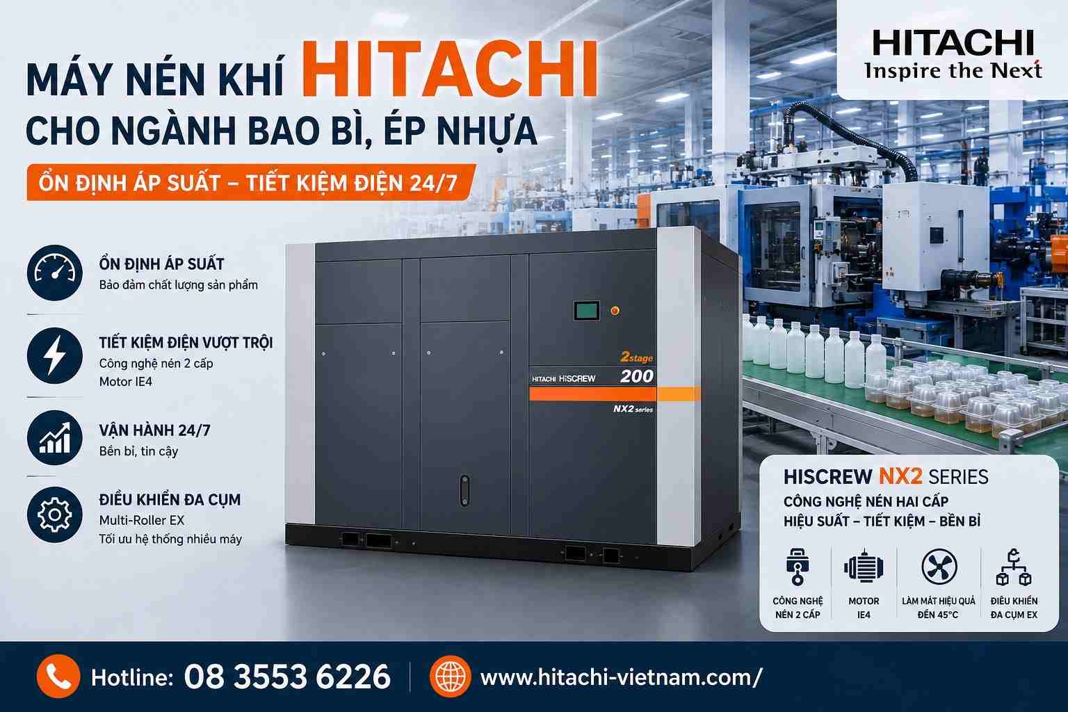 M&aacute;y N&eacute;n Kh&iacute; Hitachi HISCREW NX2 c&ocirc;ng nghệ n&eacute;n hai cấp cho nh&agrave; m&aacute;y &eacute;p nhựa
