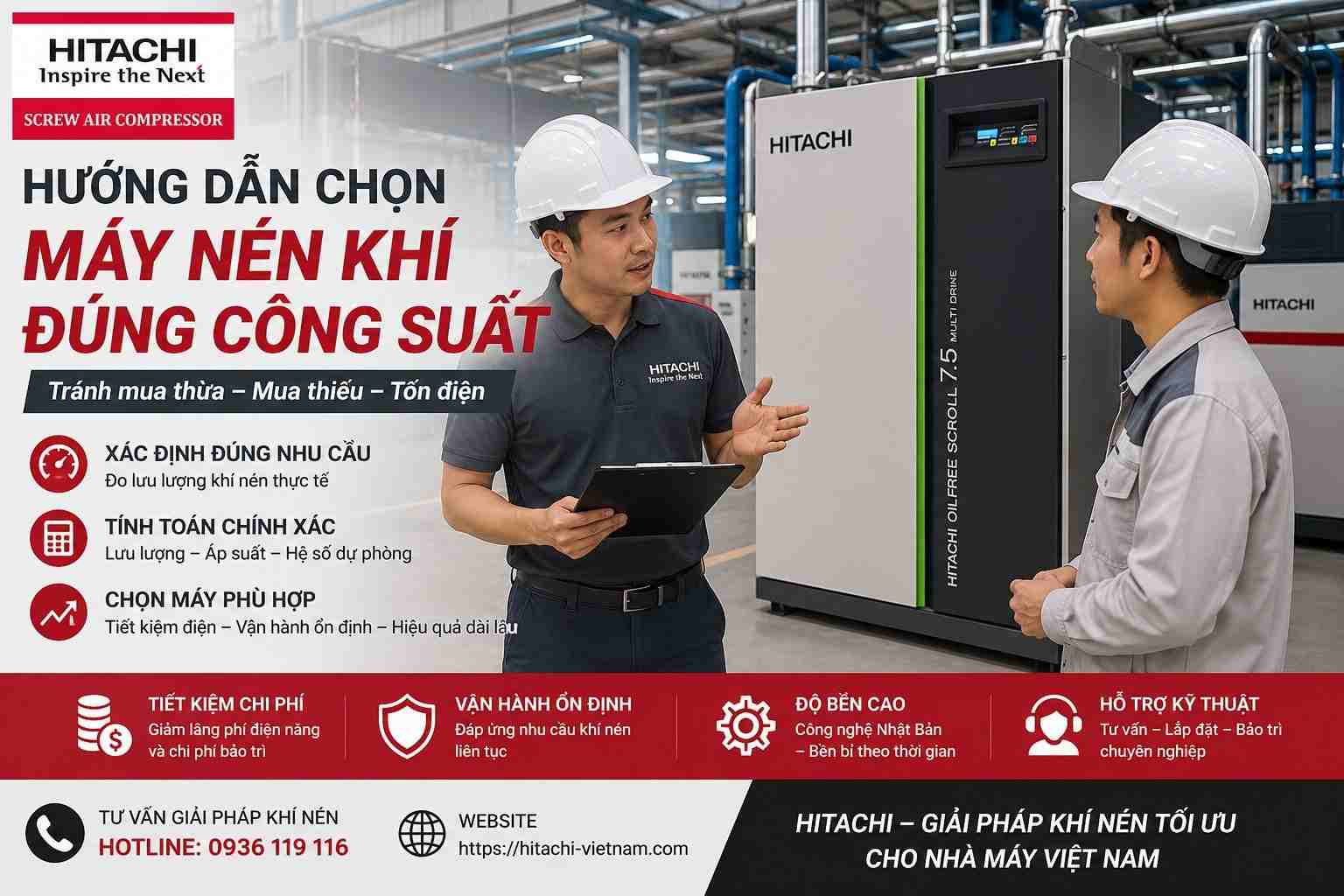 Chọn máy nén khí đúng công suất cho nhà máy với máy nén khí Hitachi